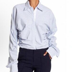 Alpha & Omega Smocked Button Down Blouse with Blue Stripes Size M